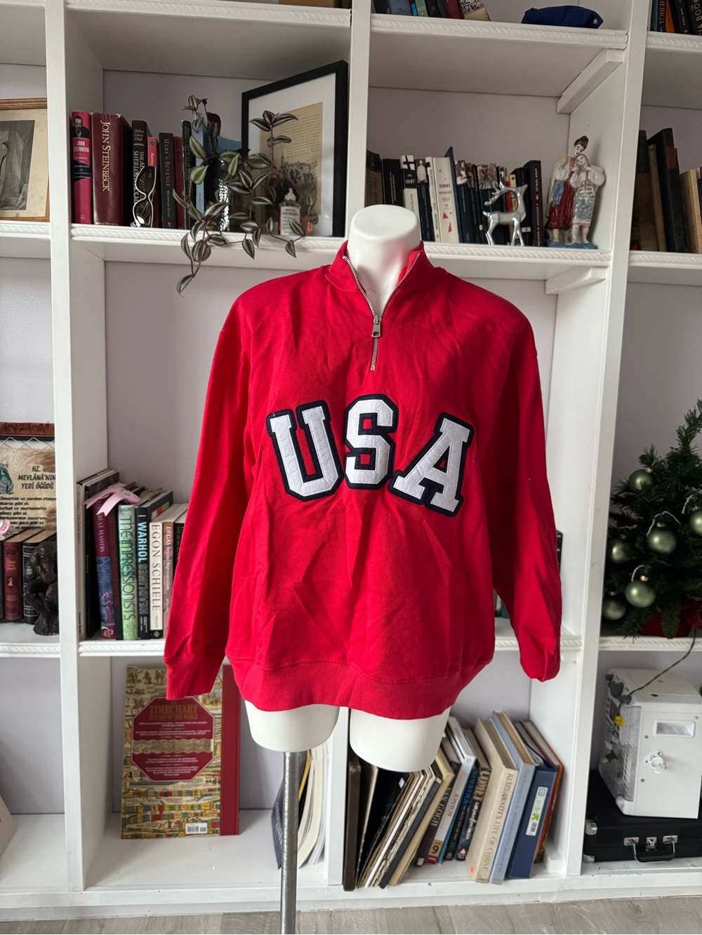 Zara Red USA Appliqué Quarter-Zip Sweatshirt